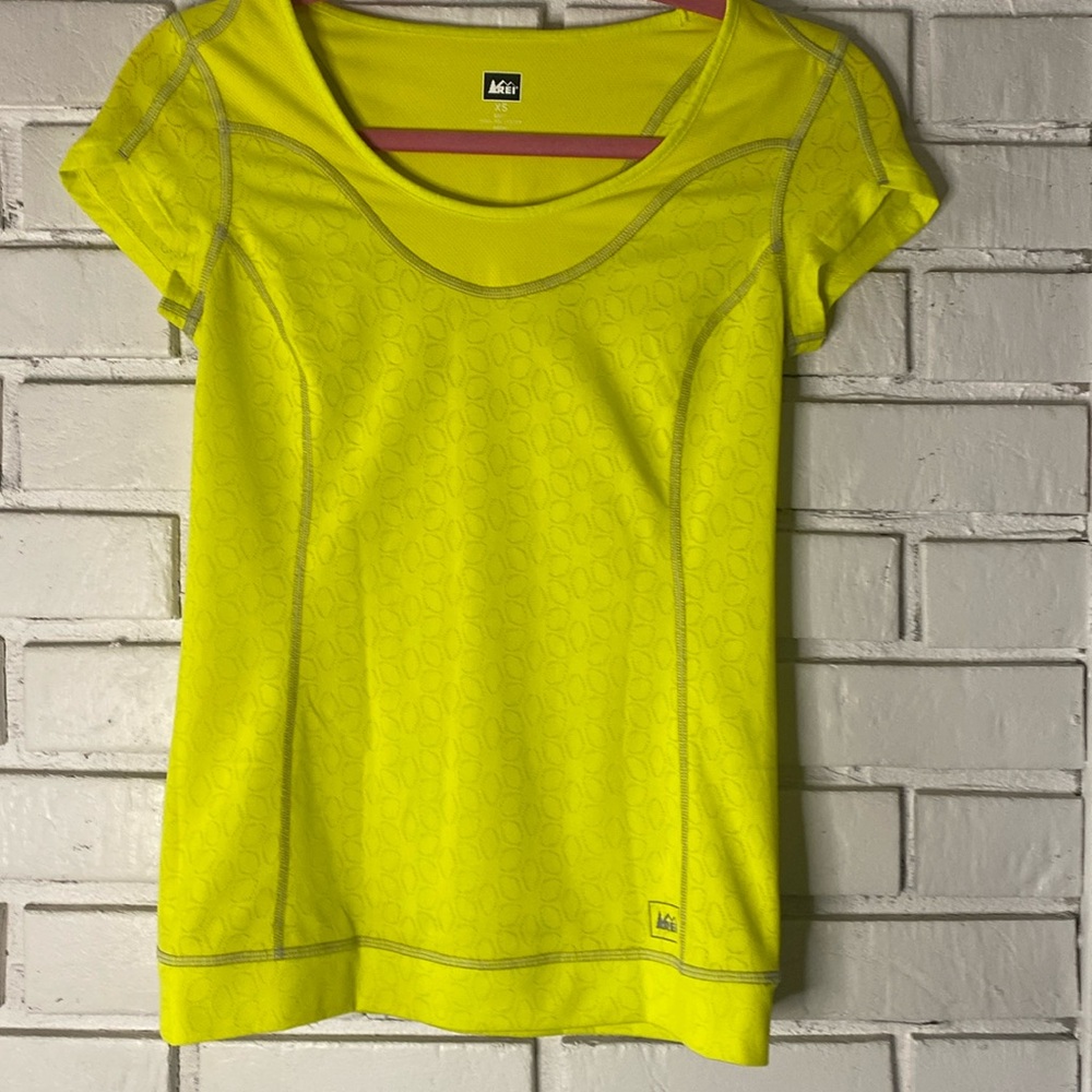 REI bright yellow short sleeve athletic shirt